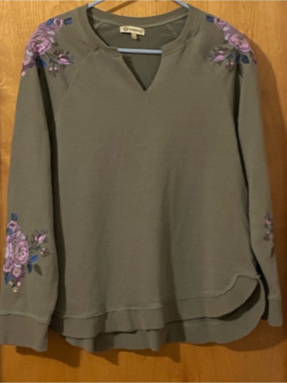 Democracy Olive Green Crewneck Sweater with Purple Floral Embroidery